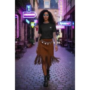 CUSP BY NEIMAN MARCUS Suede/Leather Y2K Fringe Skirt Brown Sz S BOHO/Western